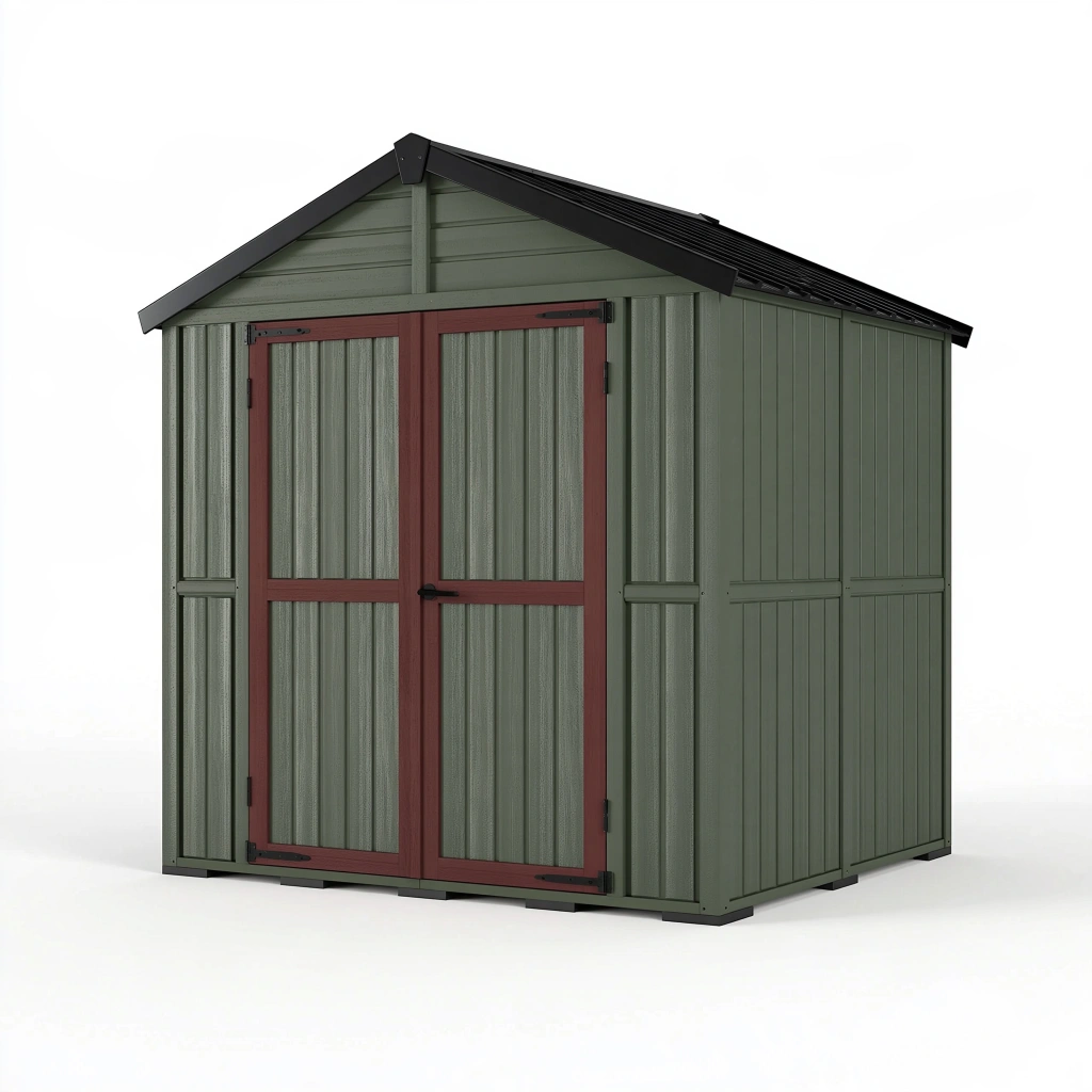 Abri de jardin 213 x 127 x 185 cm en acier vert rouge foncé avec double porte et toit incliné
