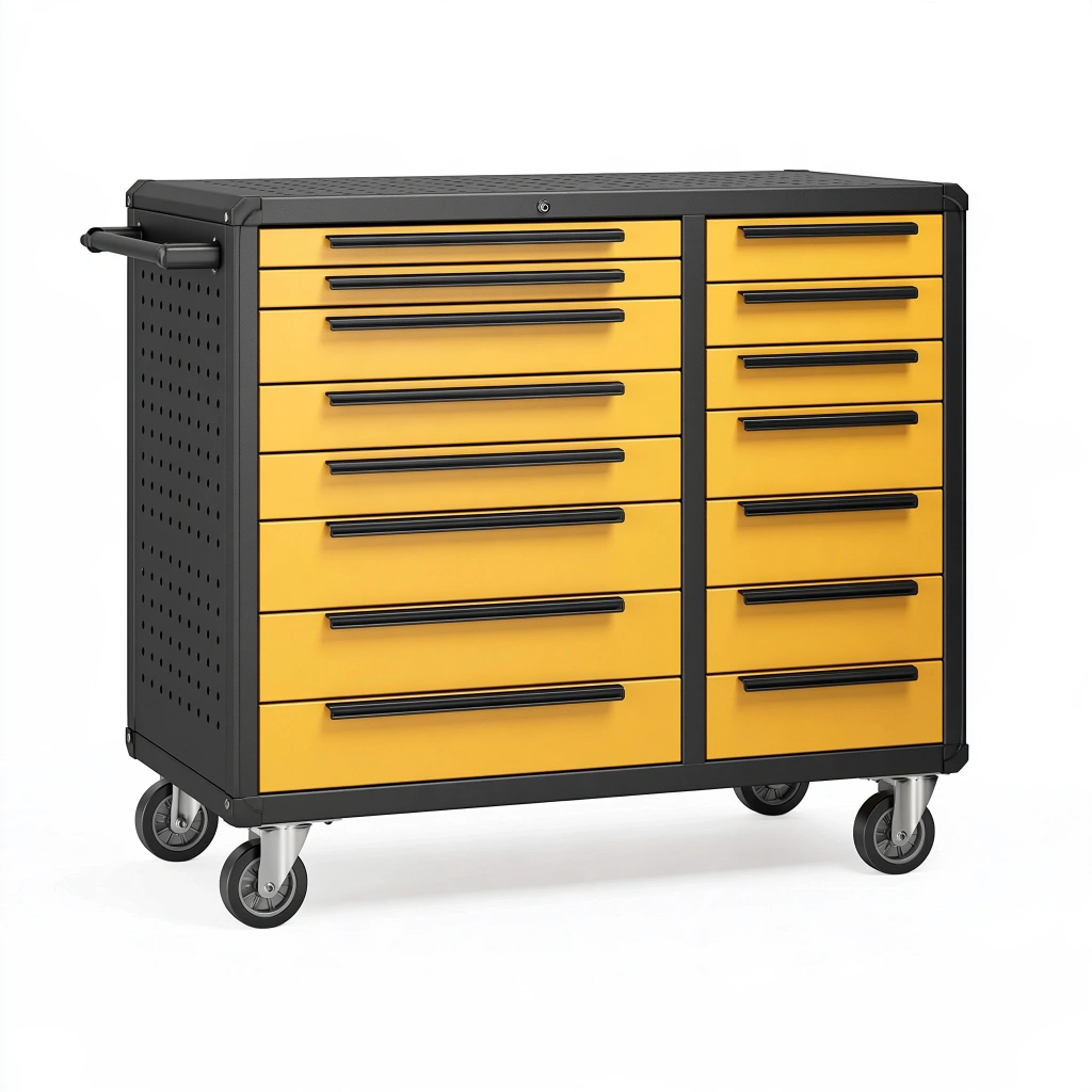 Servante d'atelier 120 x 60 x 100 cm en acier jaune et noir à 15 tiroirs sur roulettes