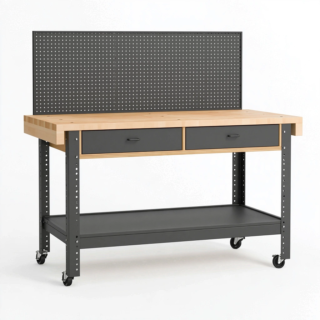 Établi d'atelier 160 x 60 x 150 cm en acier noir et bois avec panneau perforé tiroirs roulettes