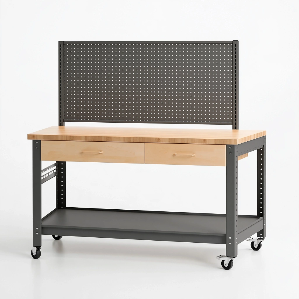 Établi 120 x 60 x 150 cm en acier et bois naturel gris mobile avec panneau perforé
