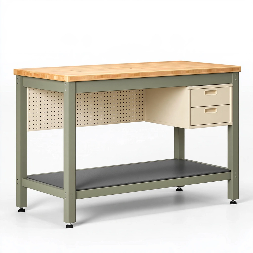 Établi 120 x 60 x 90 cm en acier vert avec plateau en bambou et tiroirs
