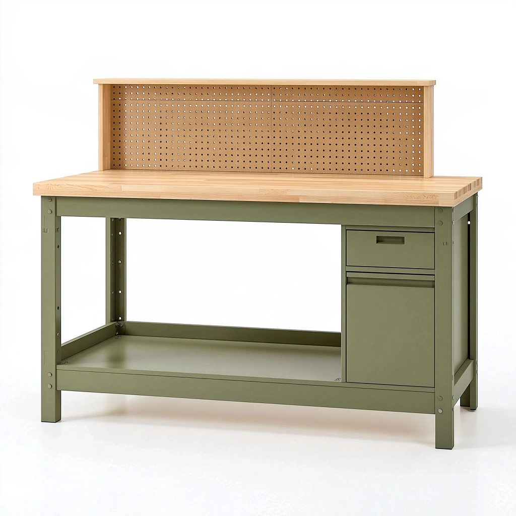 Établi d'atelier 160 x 60 x 150 cm en bois et métal vert avec rangement