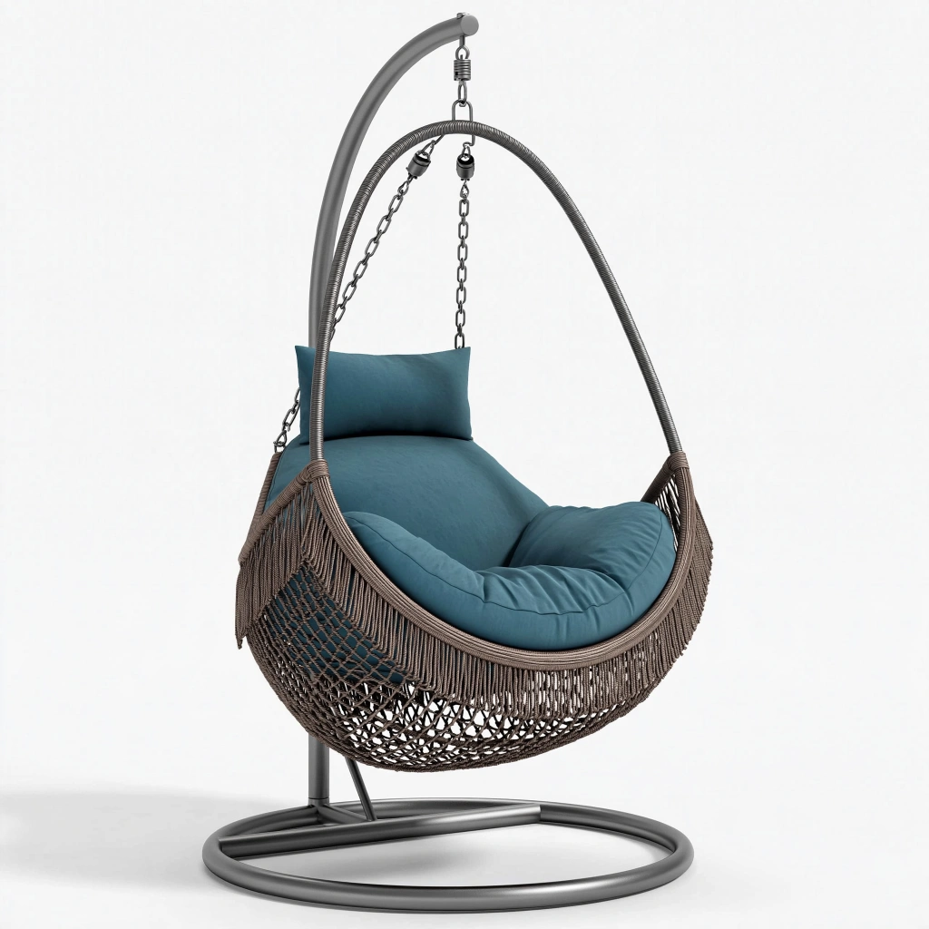 Fauteuil suspendu 105 x 105 x 195 cm en métal et corde brun bleu avec support