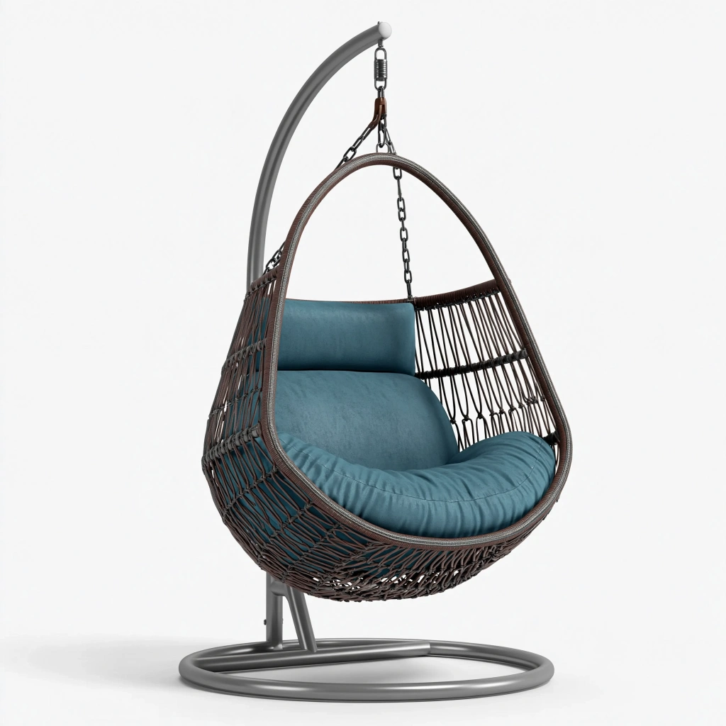 Fauteuil suspendu 105 x 105 x 195 cm en métal et corde marron bleu avec support