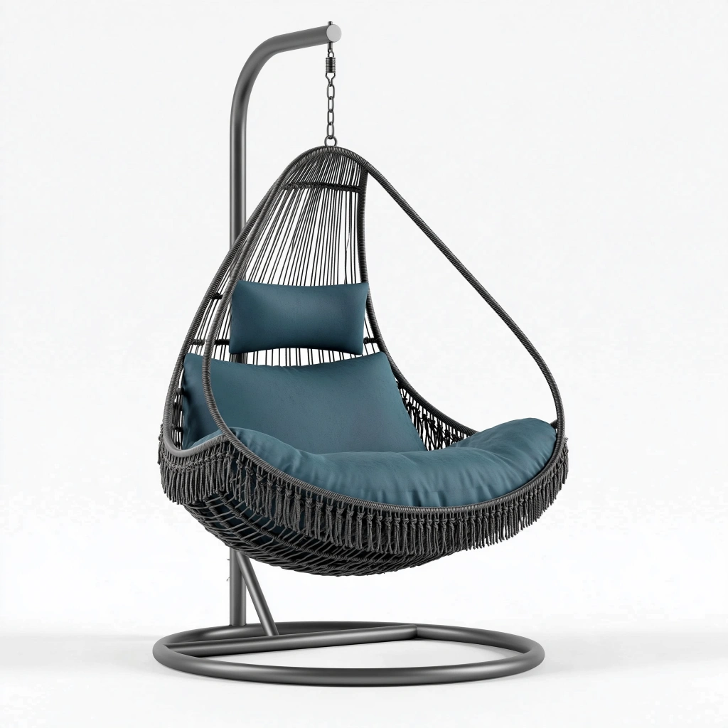 Fauteuil suspendu 105 x 105 x 195 cm en acier et corde tressée noir bleu pétrole