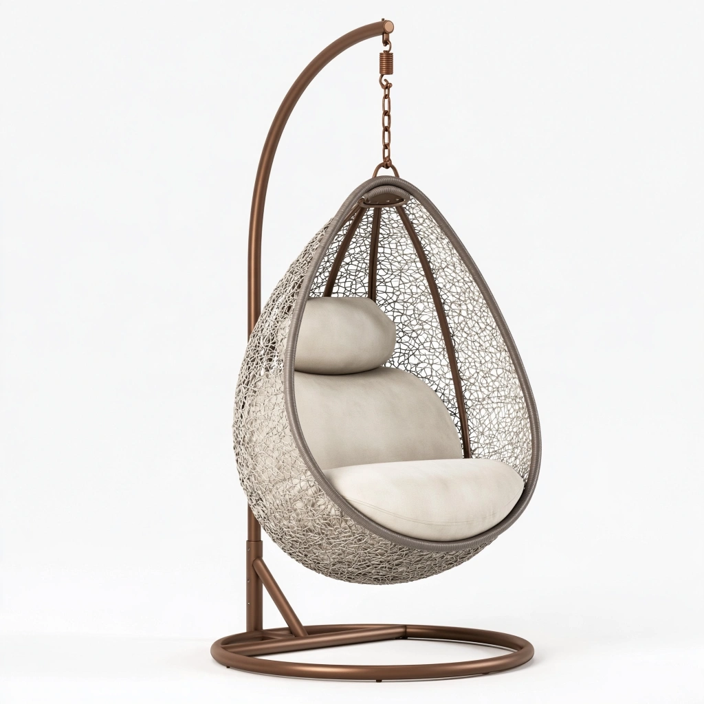 Fauteuil suspendu 105 x 105 x 195 cm en métal et résine tressée brun beige avec support