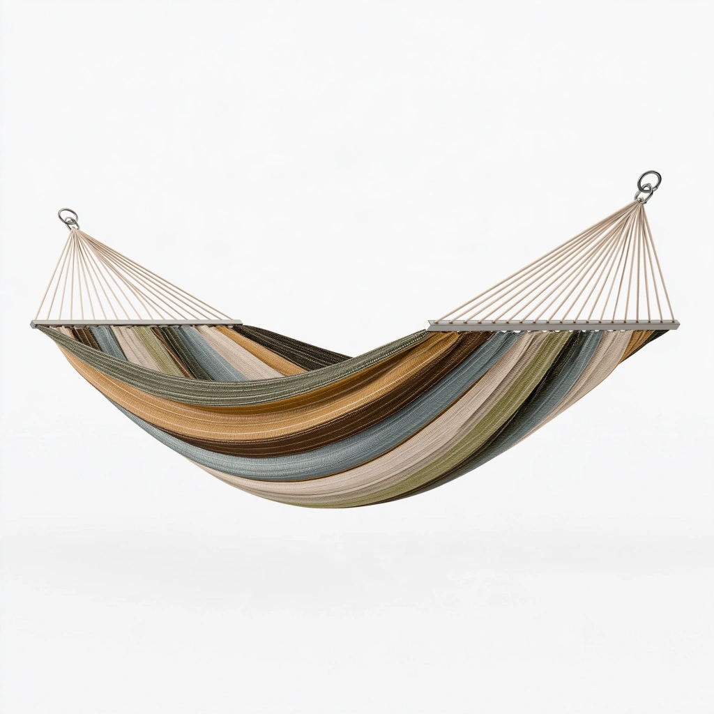 Hamac 200 x 100 cm en tissu rayé beige vert bleu avec barres d'écartement pour jardin
