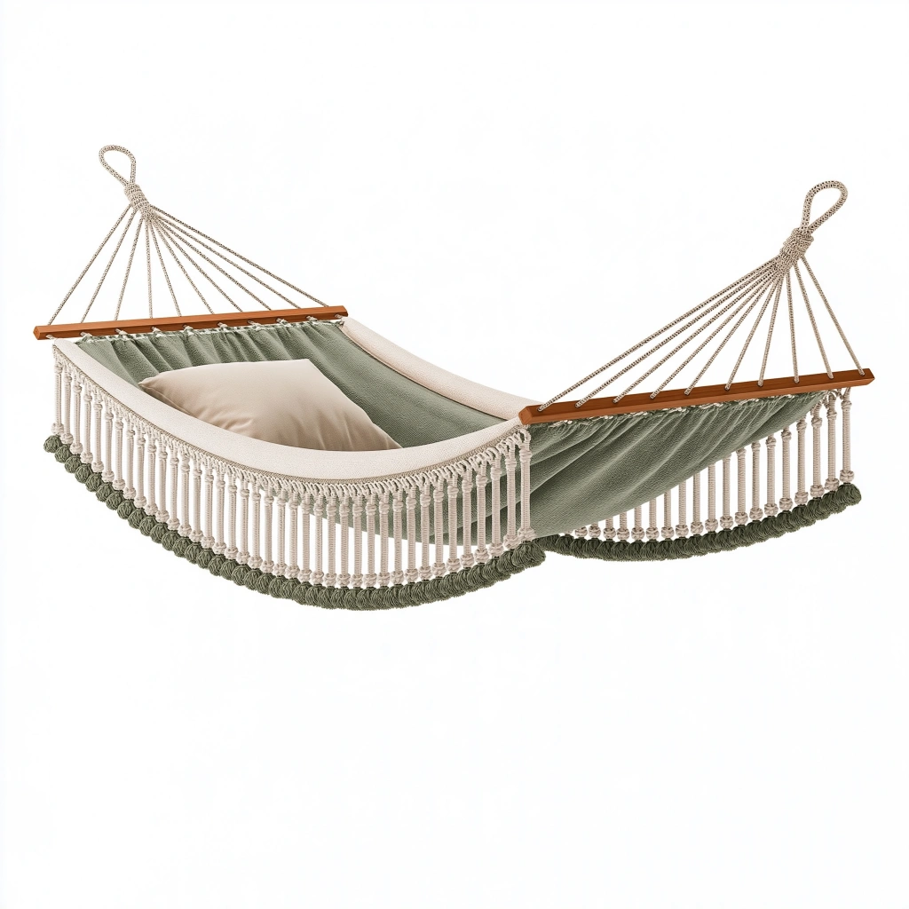 Hamac 200 x 100 cm en coton vert et beige avec barres en bois style bohème