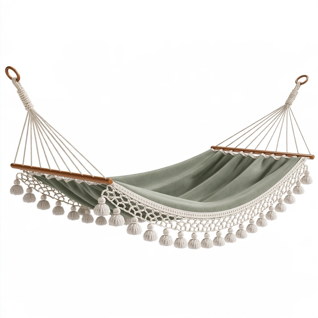 Hamac 300 x 100 cm en coton vert sauge avec barres en bois style bohème