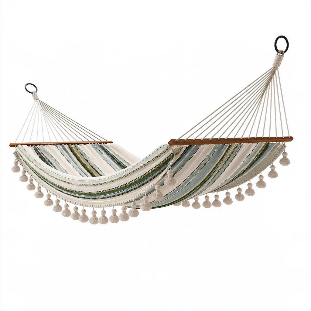 Hamac 300 x 100 cm en coton beige vert à franges style bohème pour jardin et terrasse
