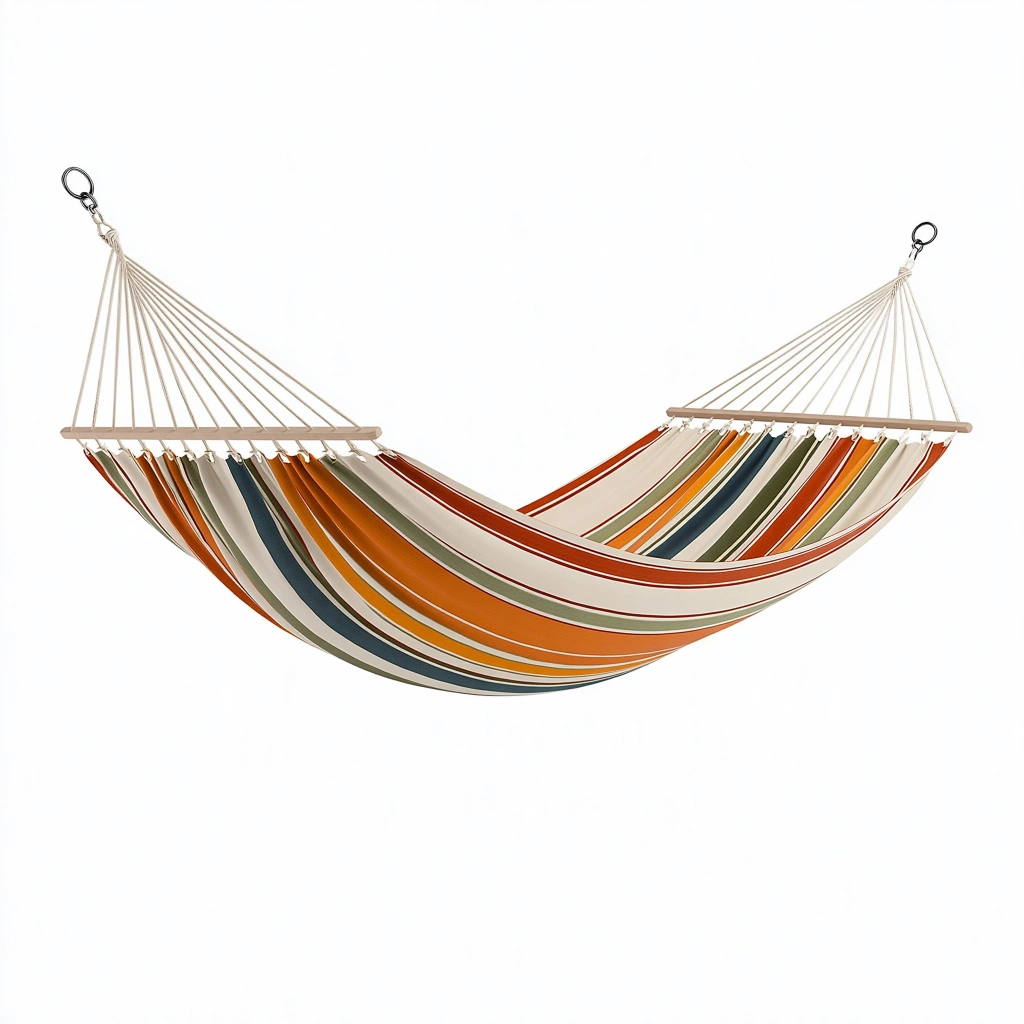 Hamac 200 x 100 cm en coton rayé orange écru vert bleu avec barres pour jardin
