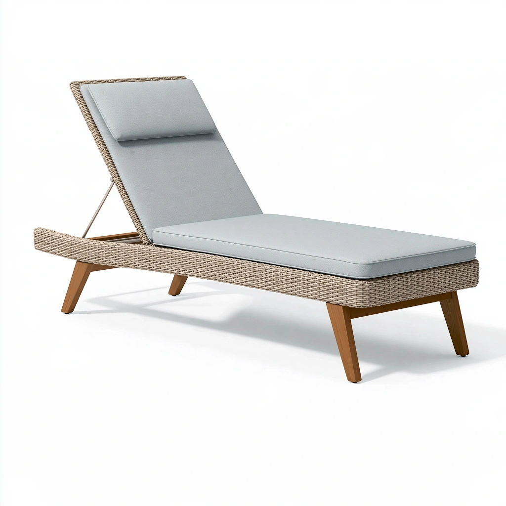 Chaise longue de jardin 200 cm en résine tressée beige avec coussin gris dossier réglable