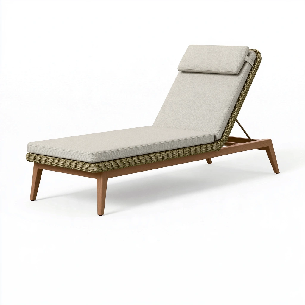 Chaise longue de jardin 200 x 70 cm en résine tressée beige avec structure en bois dossier réglable