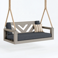Balancelle de jardin 150 cm en bois taupe avec coussins gris suspendue