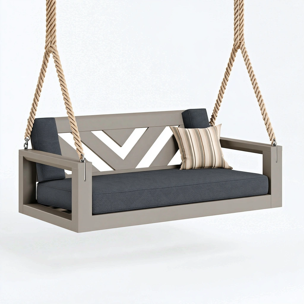 Balancelle de jardin 150 cm en bois taupe avec coussins gris suspendue