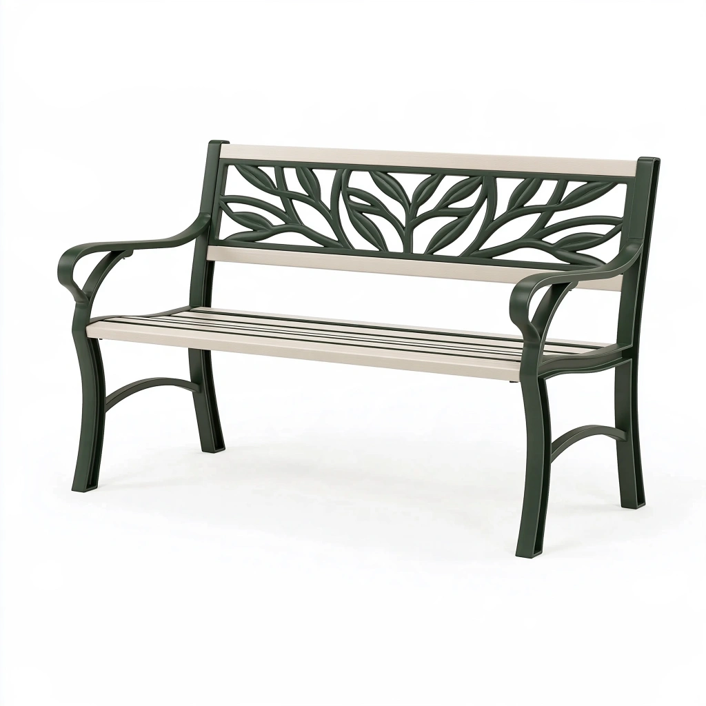 Banc de jardin 120 x 60 x 88 cm en métal vert et beige style végétal avec accoudoirs