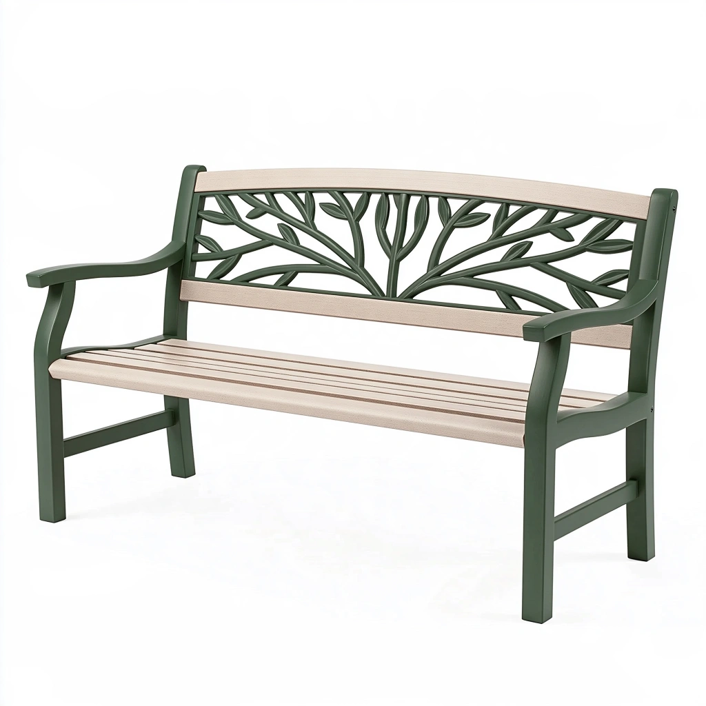 Banc de jardin 120 cm en métal vert et lattes beige avec accoudoirs décor végétal