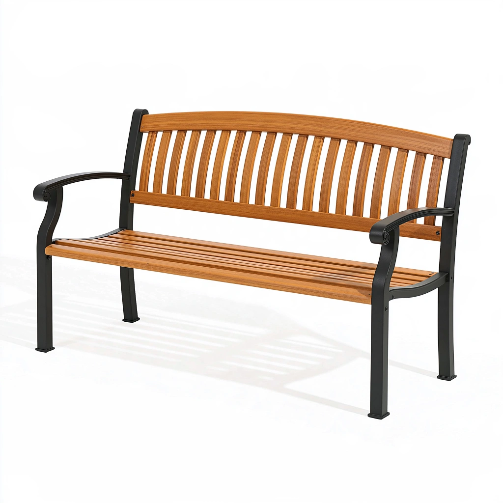 Banc de jardin 150 x 62 x 88 cm bois marron et métal noir avec accoudoirs